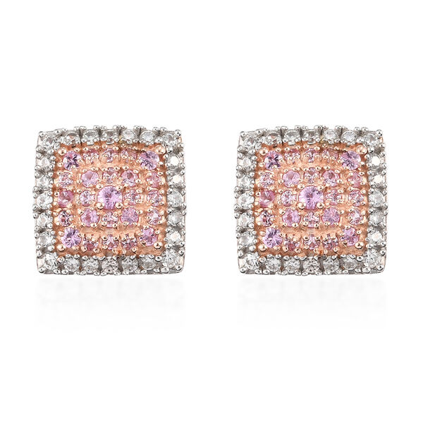 Rose Gold Plated Sterling Silver Square Cut Created Pink Sapphire Stud Earrings